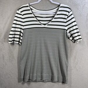 Chico's 100% Pima Cotton The Ultimate Tee Sz M (1) Olive Green Stripe V-neck